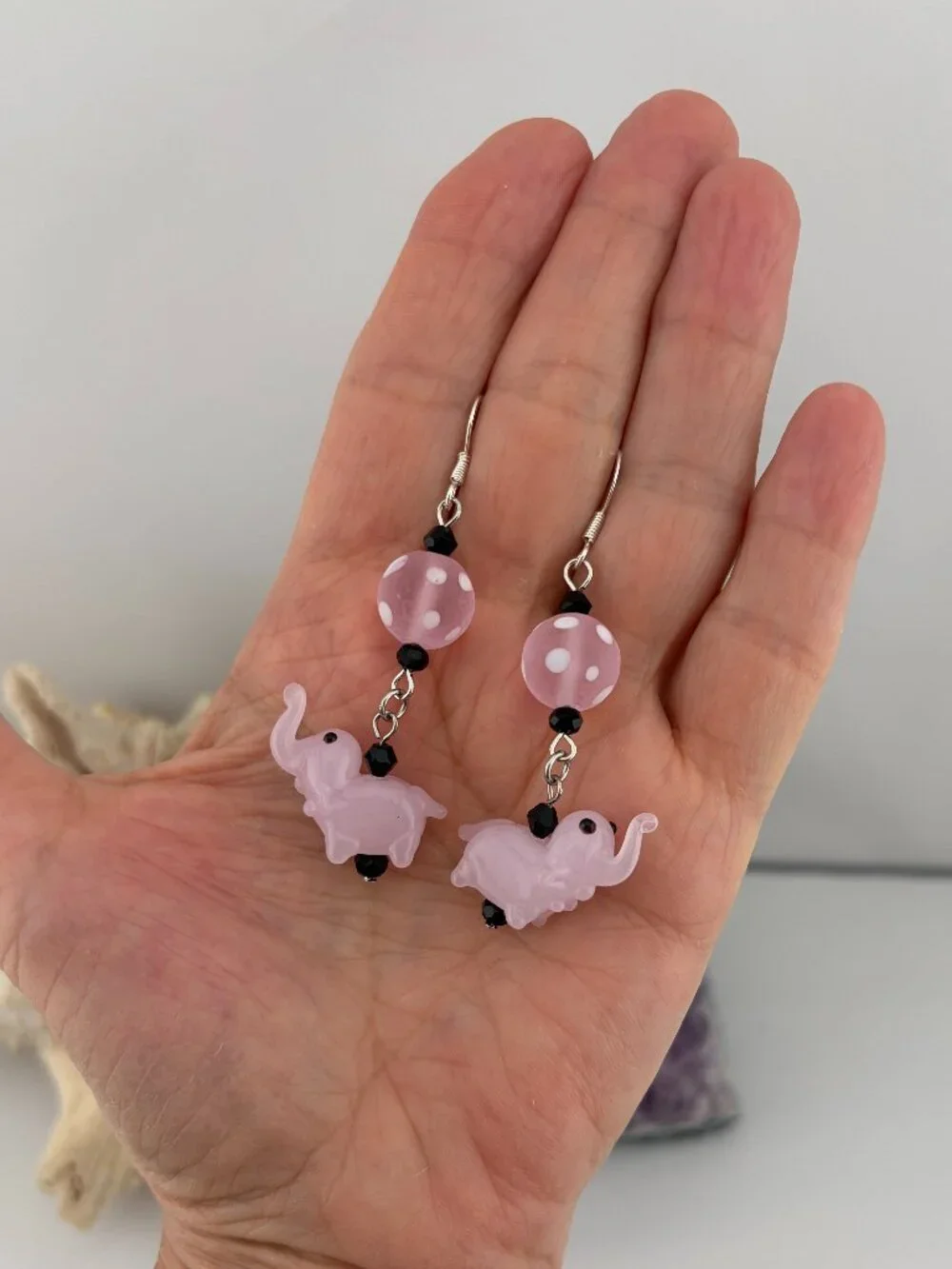 Pink Elephant Polka Dot Lamp Work Glass Bead Handmade Handcrafted Earrings LR223